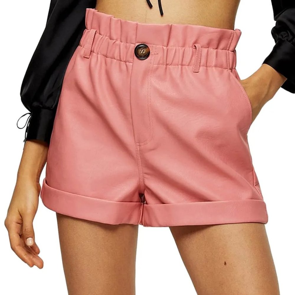 Topshop Paperbag Waist Faux Leather Pink Shorts Size 8